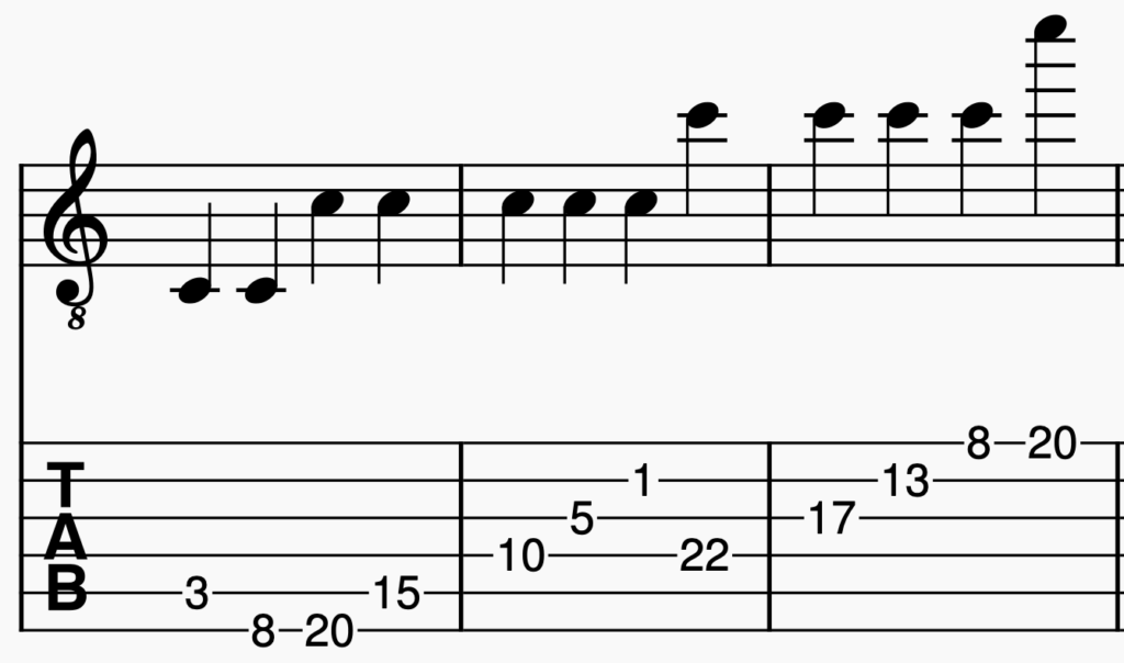 A guitar tablature showing all the possible C notes that can be played on guitar.