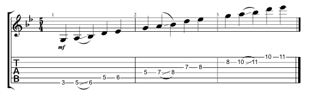 Guitar tab showing 3 note 2 note hirajoshi scales across all 6 strings