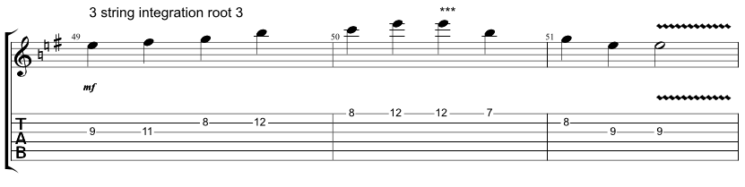 Guitar tab showing exercise on how to combine Hirajoshi scale with 3 string arpeggio with root on the 3rd string