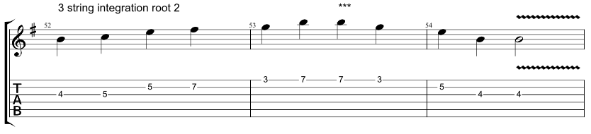 Guitar tab showing exercise on how to combine Hirajoshi scale with 3 string arpeggio with root on the 2nd string