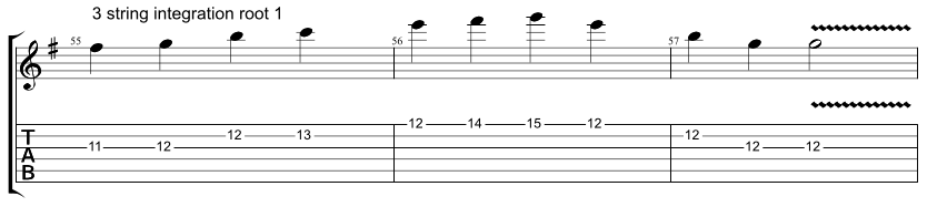 Guitar tab showing exercise on how to combine Hirajoshi scale with 3 string arpeggio with root on the 1st string