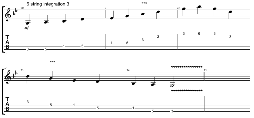 Guitar tab for integration exercise, combining 6 string hirajoshi scale with 5 string minor arpeggio, exercise 3