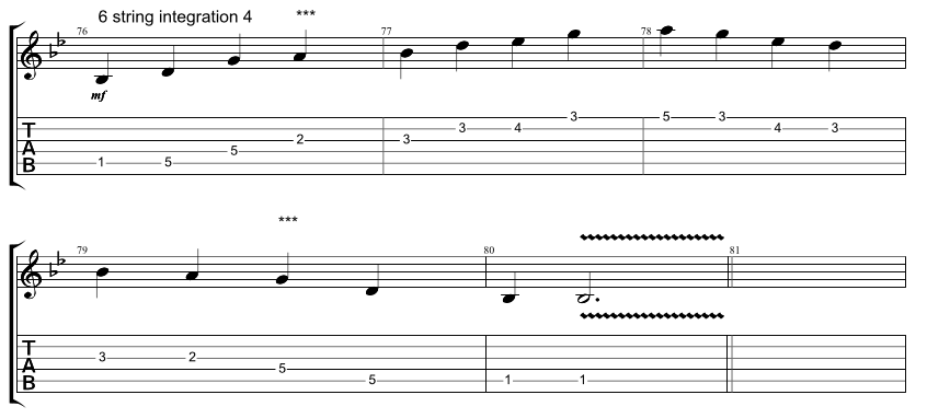 Guitar tab for integration exercise, combining 6 string hirajoshi scale with 5 string minor arpeggio, exercise 4