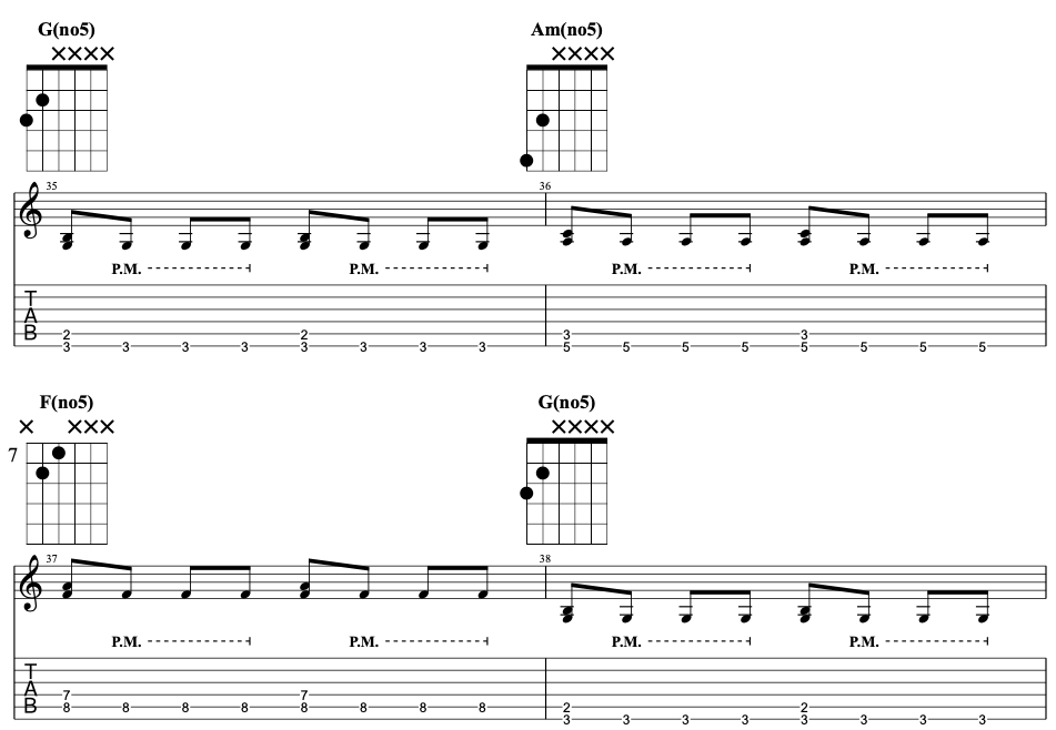 Electric guitar riff using third double stops.