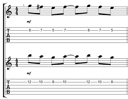 Guitar tablature showing a guitar melody with a harmony.