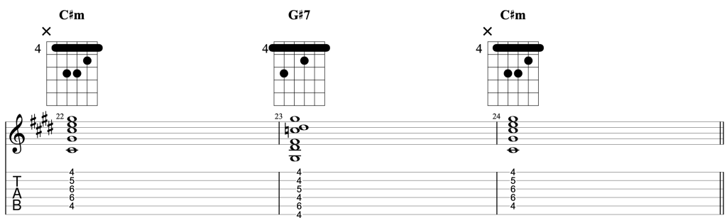 How to play C#m - G#7 - C#m on electric guitar as barre chords.