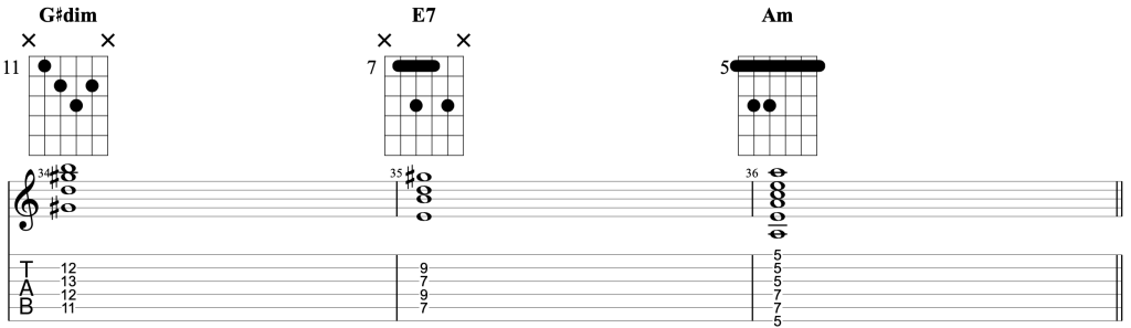 How to play G#˚ - E7 - Am on guitar.