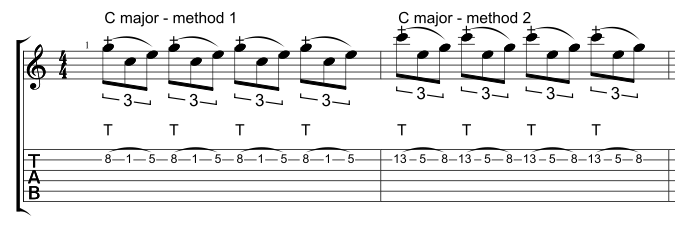 Two different ways to tap a one string C major arpeggio.