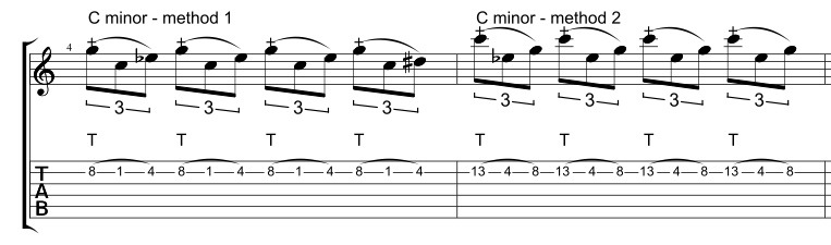 Two different ways to tap a one string C minor arpeggio.