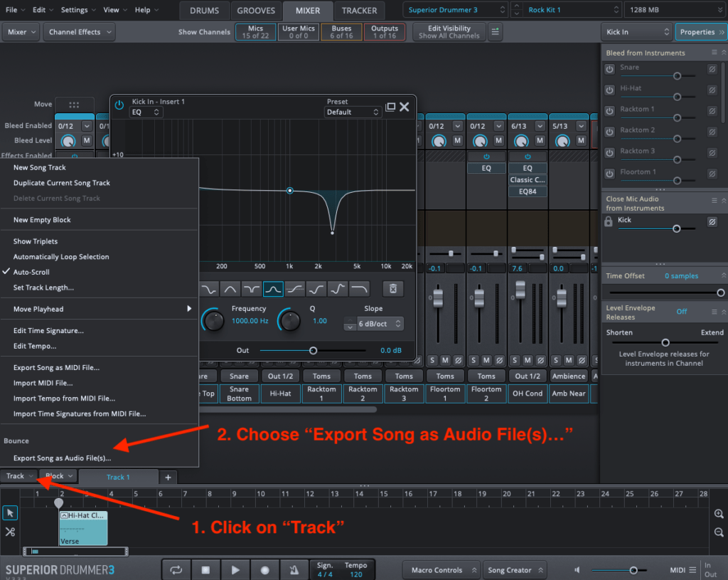 Screenshot showing how to export drums from SD3 to audio files.