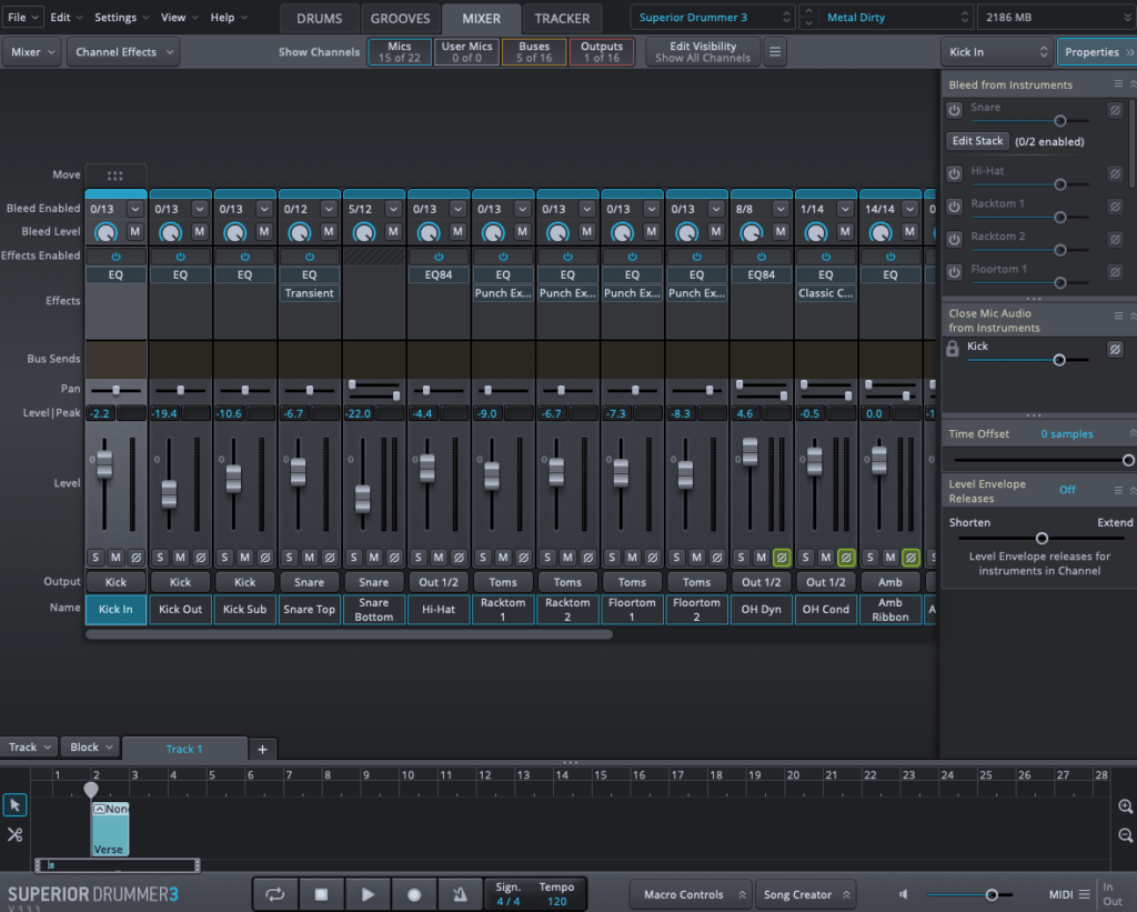 Metal Dirty mixer presets in superior drummer 3