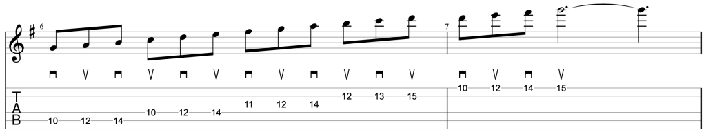 3 note per string G major scale being played with alternate picking.